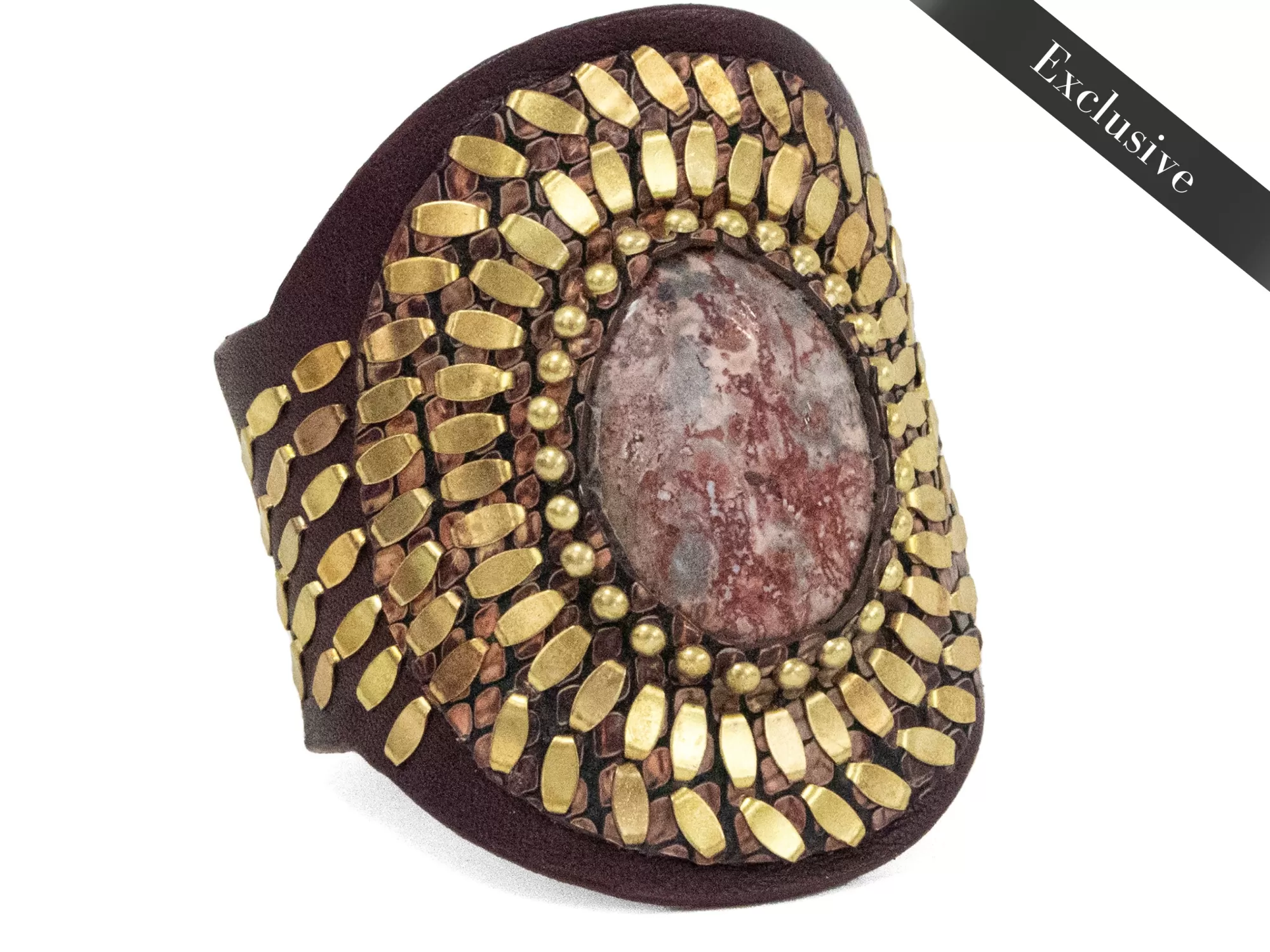 Calleen Cordero Rocal Semi-precious Epidote Stone Cuff Burgundy Nappa w/ Brass Art Cheap
