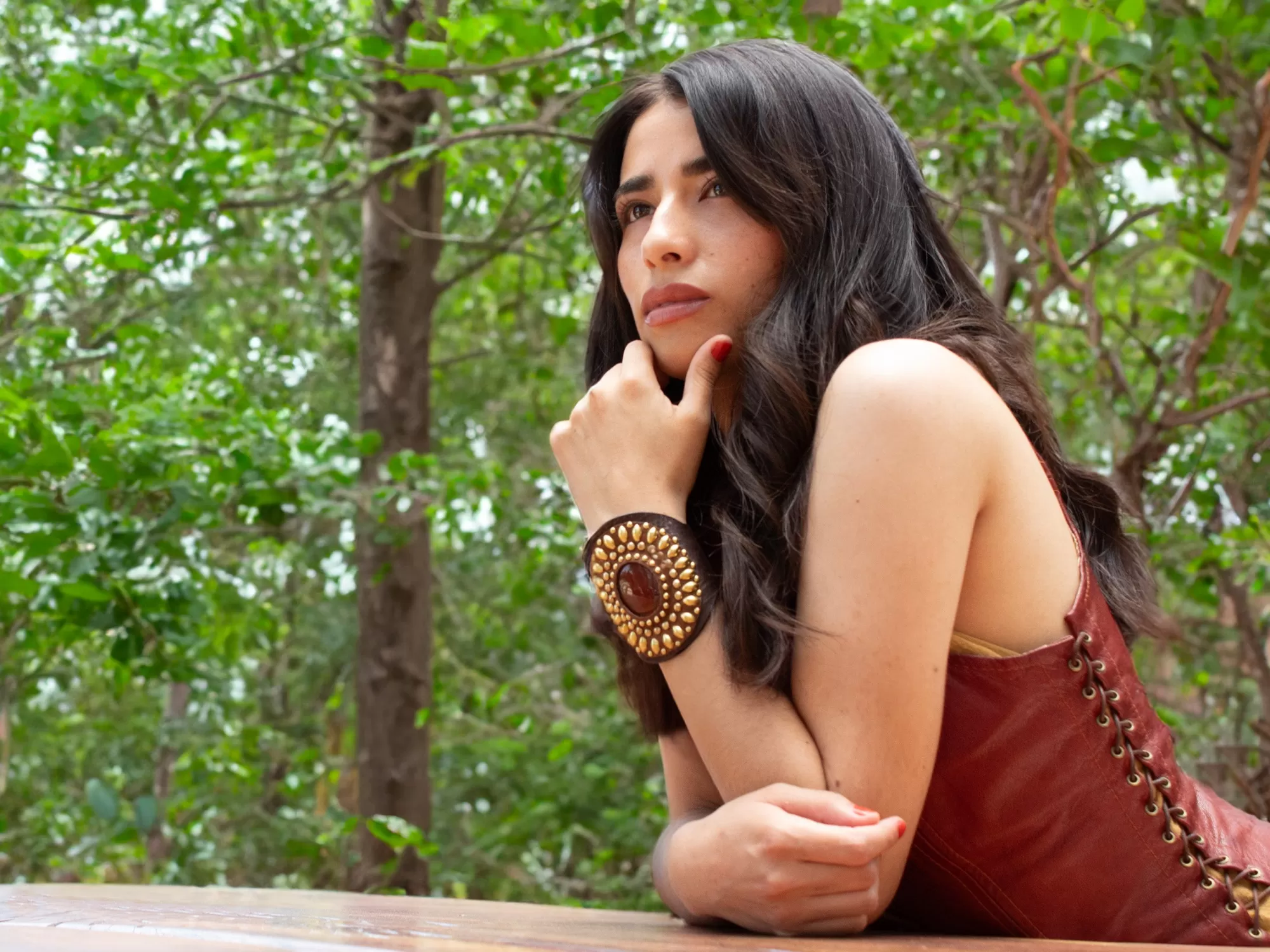 Calleen Cordero Rocal Semi-precious Red Jasper Stone Cuff Dark Brown Veg w/ Brass Art Clearance
